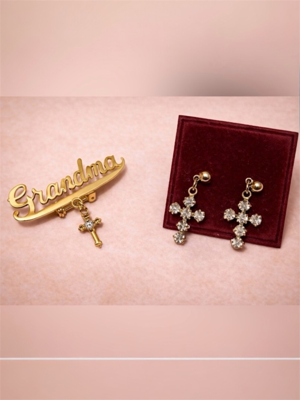 Gold Cross Earrings & Grandma Brooch Set | Religious Jewelry Gift Vintage
